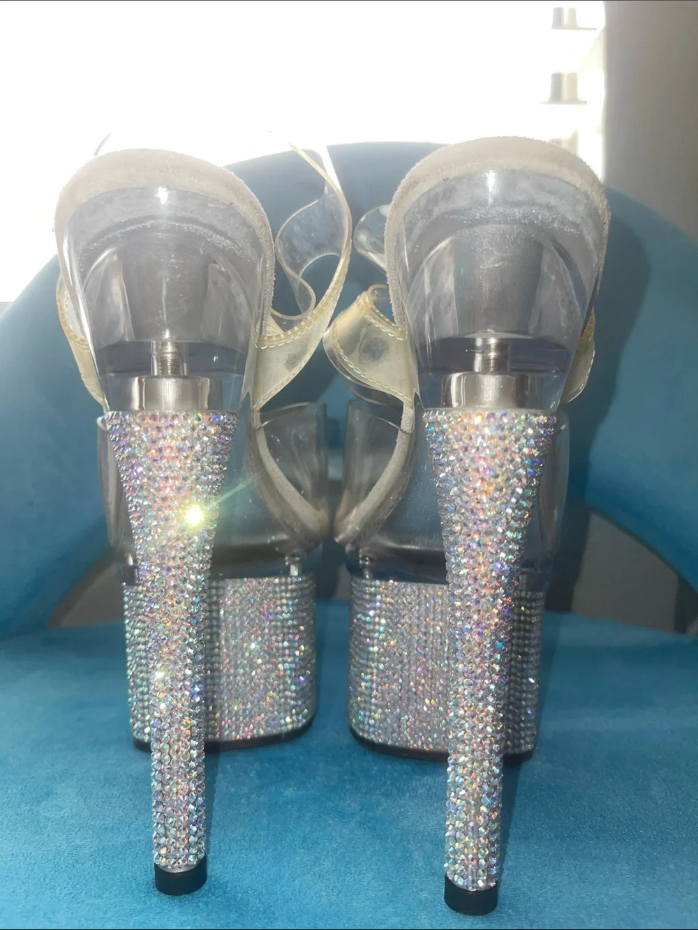 Pleaser Iridescent Crystal Platform Stiletto Sandals - Clear/Silver